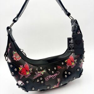 Ed Hardy Hobo Bag Black Tattoo Hearts Roses Skulls Studded Shoulder Purse